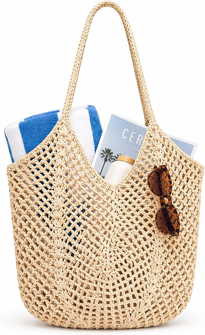 MBBEST Crochet Beach Bag for Women, Boho Mesh Knit Tote Purse, Handmade Cotton Summer