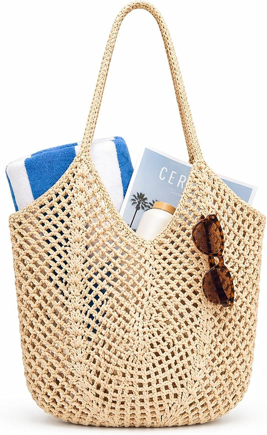 MBBEST Crochet Beach Bag for Women, Boho Mesh Knit Tote Purse, Handmade Cotton Summer