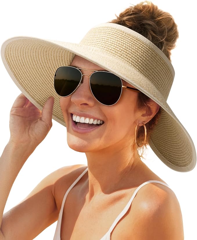 FURTALK Sun Hats for Women Wide Brim Beach Hat Straw Visor Ponytail Summer UV Packable Foldable Beach Vacation Essentials