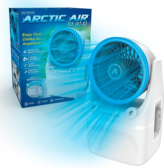 Arctic Air Ice Jet X3 Portable Air Cooler,Dual Mist Modes, Up to 8-Hour Cooling Time, 3-Speed Portable Cooler with Adjusta...