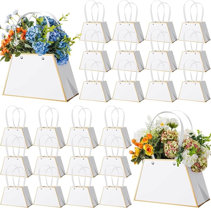 Noveread 24 Pcs Mother's Day Floral Gift Bags Bulk Portable Flower Bouquet Wrapping Paper Bag with Handle Waterproof Flori...