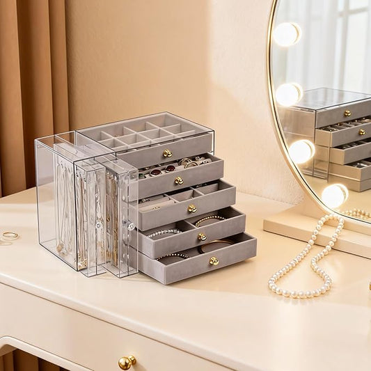 Greenfeather Jewelry Organizer with 7 Removable Drawers, Clear Acrylic Jewelry Box with 16 Necklace Hooks, 48 Pairs of Ear...