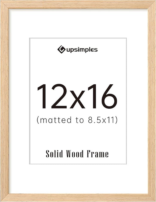 upsimples 12x16 Frame, Natural Solid Wood Picture Frames, Display 8.5x11 with Mat or 12 x 16 Without, Vertical & Horizonta...
