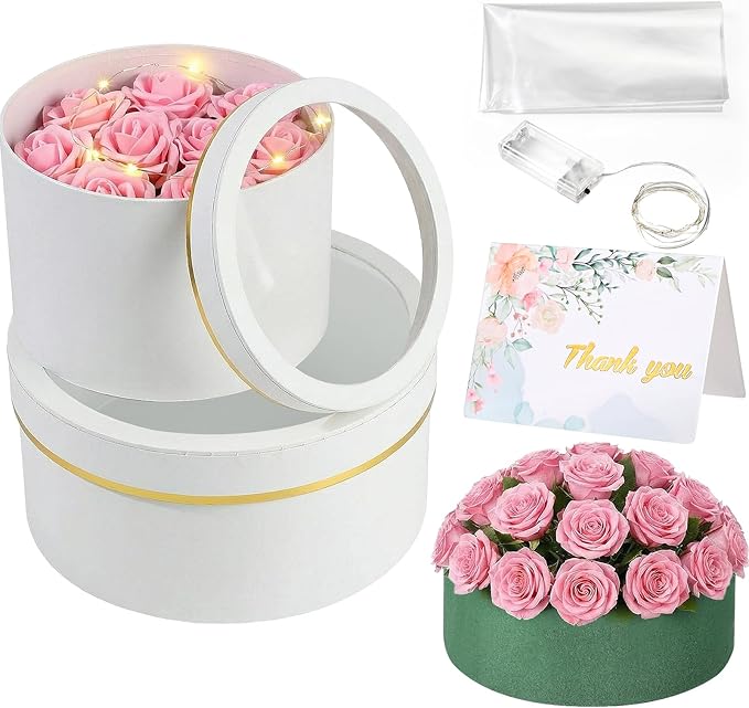 Nuenen 2 Pcs Round Gift Boxes with Lids Floral Foam LED Light Thank You Floral Greeting Cards Flower Arrangements Supplies...