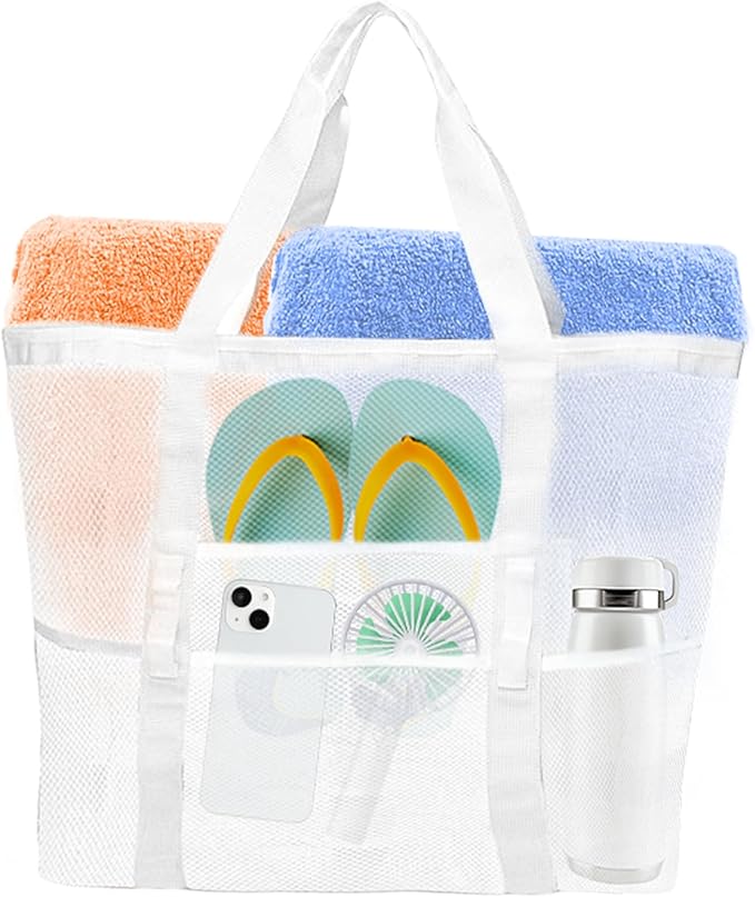 Yunaeduo Large Mesh Beach Bag - Lightweight & Foldable Family Beach Bag with 9 Pockets for Toys, Towels & Vacation Essentials