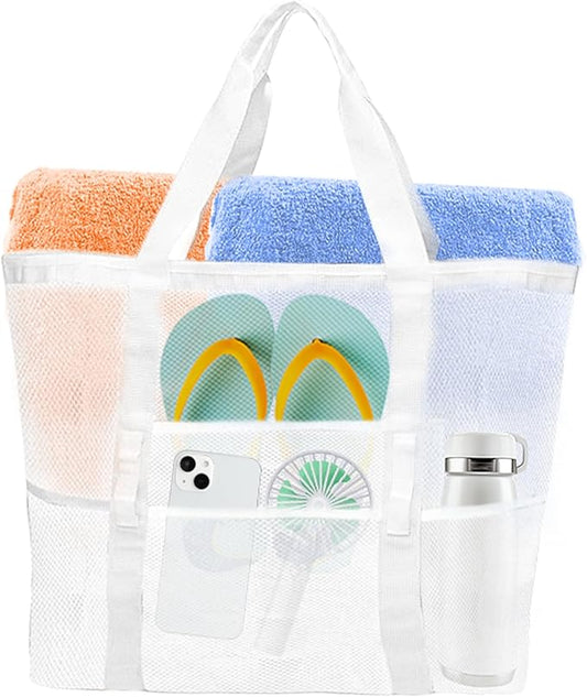 Yunaeduo Large Mesh Beach Bag - Lightweight & Foldable Family Beach Bag with 9 Pockets for Toys, Towels & Vacation Essentials