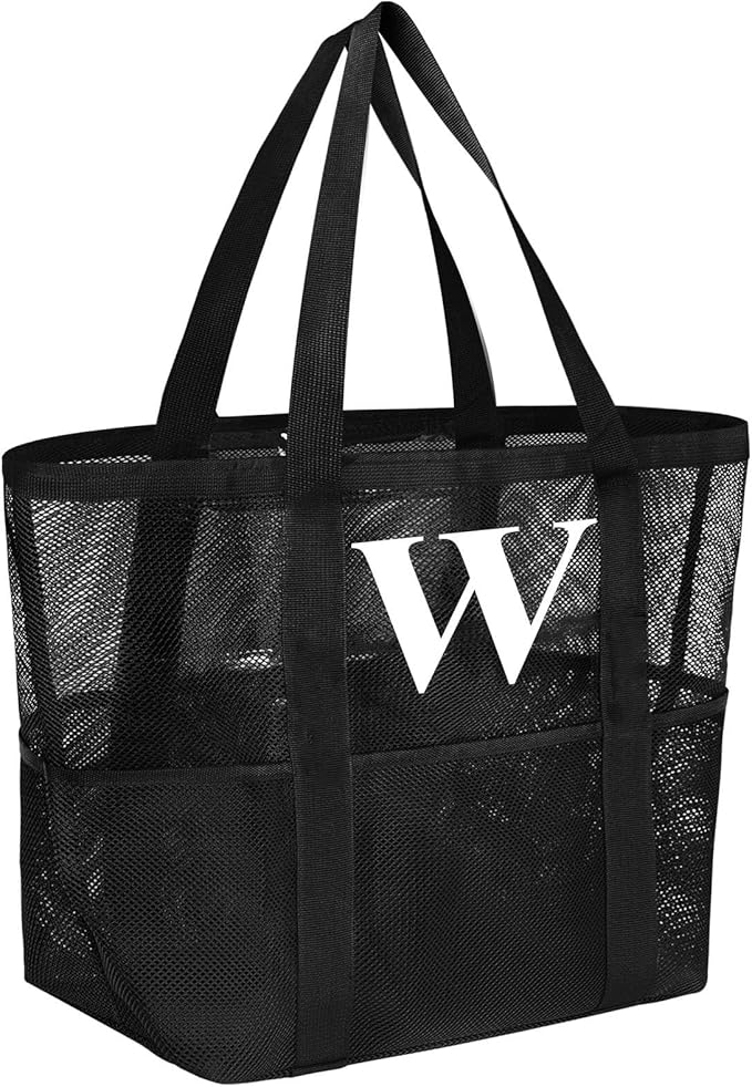 wanchel Personalized Mesh Beach Bag for Women - Waterproof Initial Tote Bag for Family Travel, Toys, Vacation Essentials