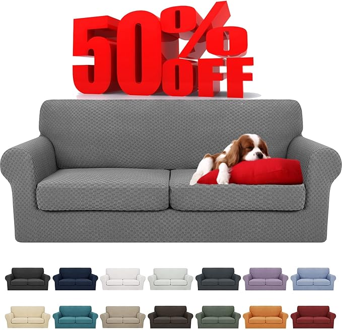 YEMYHOM Latest Checkered 3 Pieces Couch Covers for 2 Cushion Couch High Stretch Sofa Cover with 2 Extra Large Seat Cushion...
