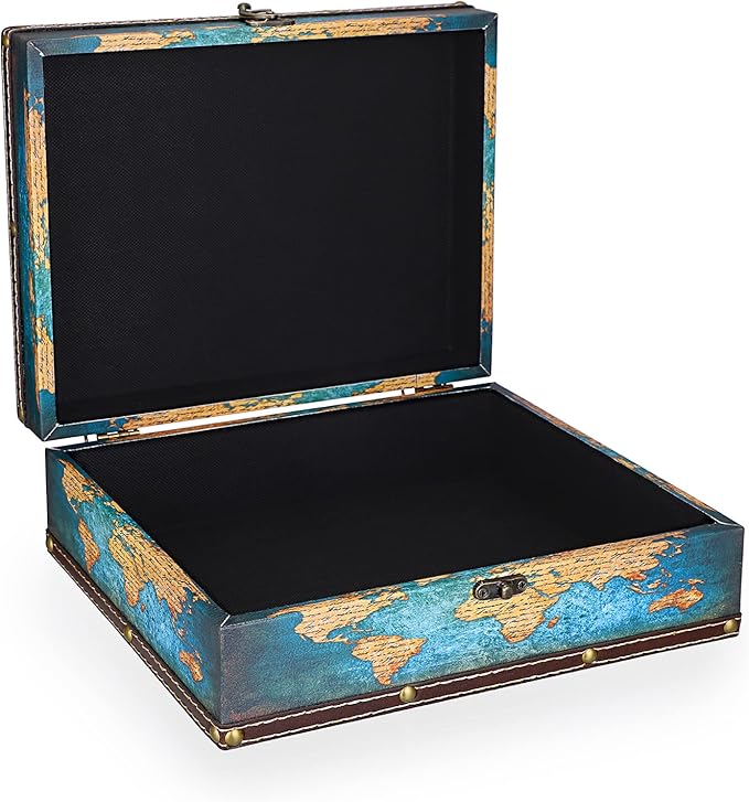 ELLDOO Decorative Treasure Chest Box, Wooden + PU Leather Storage Box for Jewelry Trinkets Photos, Rectangular Keepsakes b...