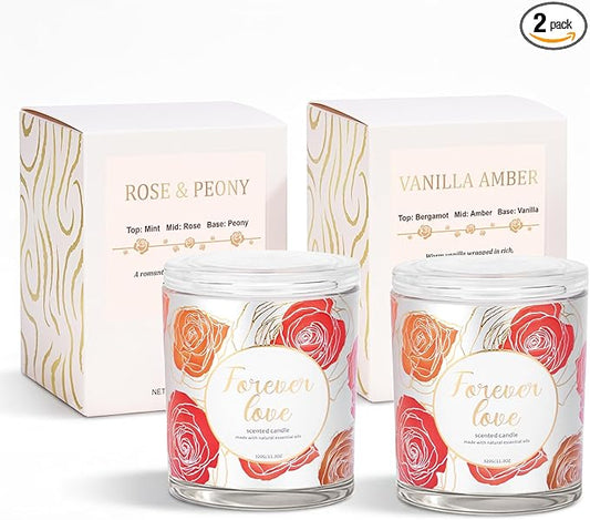 2 Pack Wood Wick Soy Wax Candle Gift Set for Women, Rose & Peony and Vanilla Amber, 11.3 Oz Each, Individually Boxed