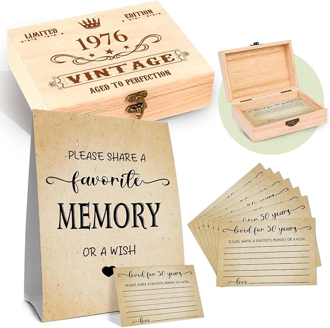 50th Birthday Party Share a Memory Set, 1976 Birthday Gifts for Women Men, 1976 Wooden Share A Memory Box with Memory Sign...