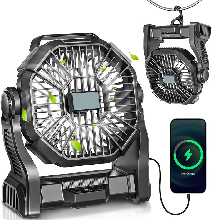 AEscod Portable Camping Fan, Rechargeable Battery Operated with LED Lights, Hanging Hook, 270°Rotation, 20000mAh Battery P...