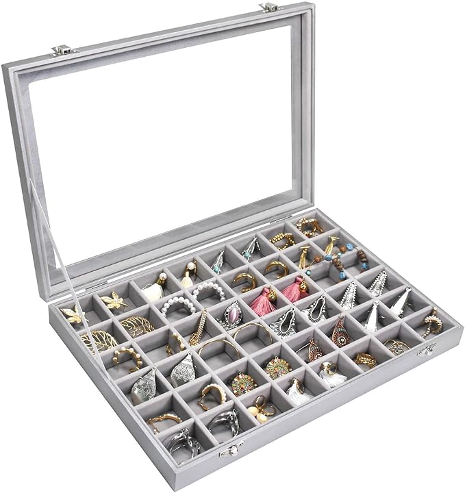 Siveit Jewelry Tray Organizer Box 48 Grid Jewelry Display Organizer Box with Transparent Lid Rings Earrings Necklaces Pend...