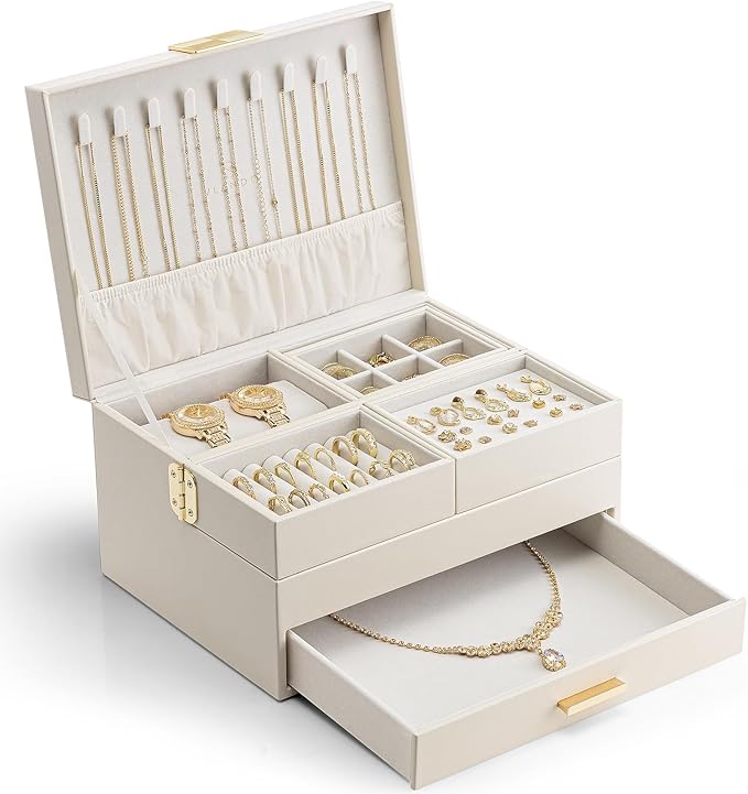 VLANDO 3 Layer Jewelry Box - Women Jewelry Box with Retractable Tray - Jewelry Organizers with Drawer for Necklaces, Ring...
