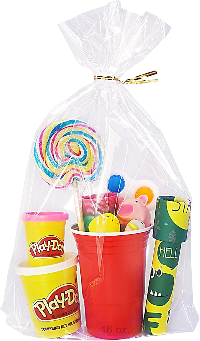 Wowfit 50 CT 10x14 inches Clear Bottom Gusset Cellophane Gift Bags with 6" Gold Twist Ties, Cello Packaging for Party Favo...