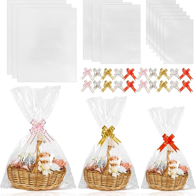 Labeol 50pcs Cellophane Bags 3 Sizes Cellophane Wrap for Gift Baskets 24x30 16x24 12x18 Large Clear Plastic Packaging Bags...