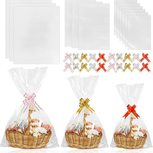 Labeol 50pcs Cellophane Bags 3 Sizes Cellophane Wrap for Gift Baskets 24x30 16x24 12x18 Large Clear Plastic Packaging Bags...
