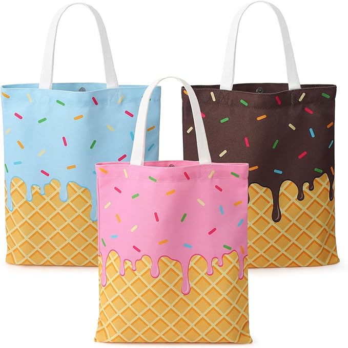 JATEBI 3 Pcs Ice Cream Canvas Tote Bag, Reusable Grocery Shopping Bag, Cute Shoulder Bag Gift for Ice Cream Lover Work Bea...