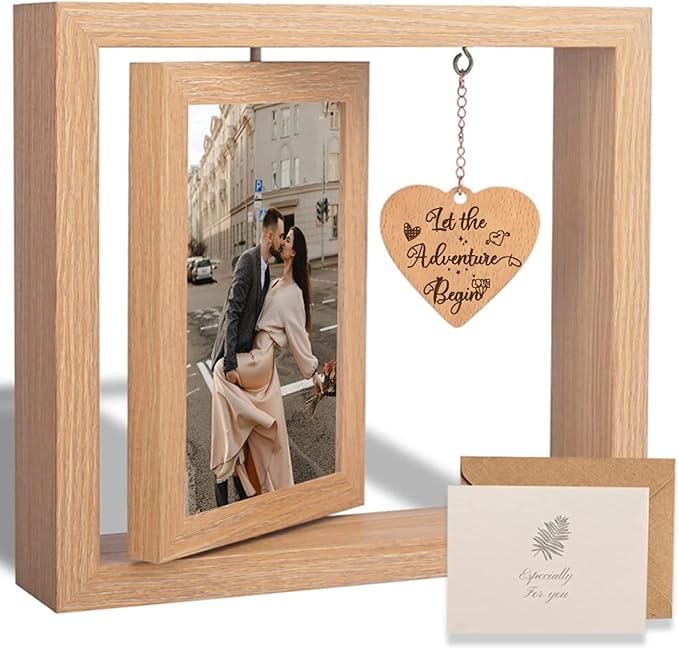 Rotating Floating Let the Adventure Begins Picture Frame, Engagement Gifts for Couples, Rustic 4x6 Floating Picture Frames...