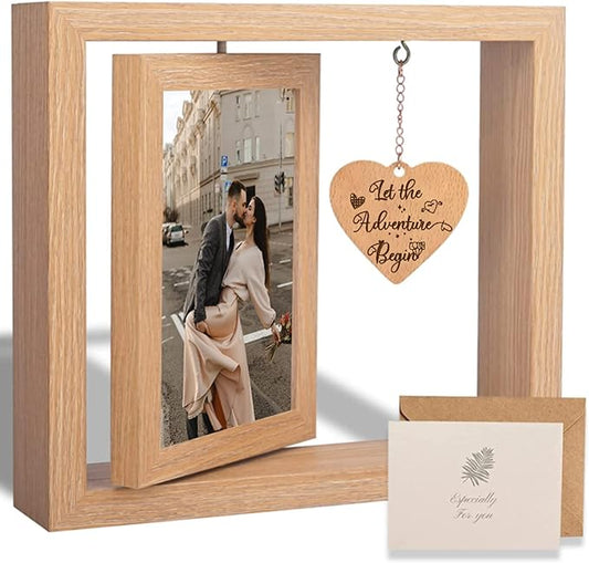 Rotating Floating Let the Adventure Begins Picture Frame, Engagement Gifts for Couples, Rustic 4x6 Floating Picture Frames...