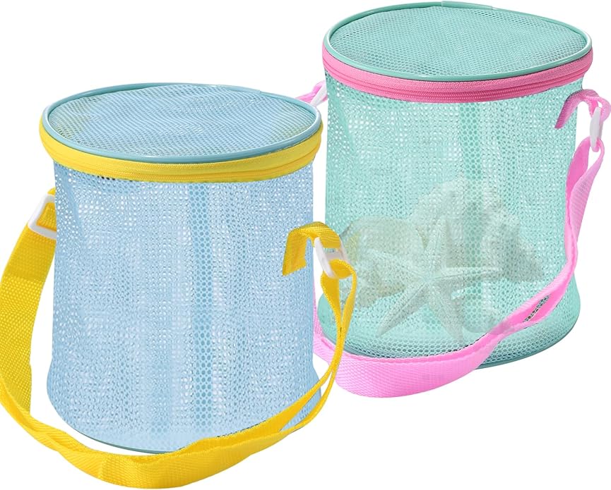 Sea Shell Bags for Beach 2pcs Mesh Seashell Holder,Shelling Collecting Tools Travel Sand Toys Storage Bucket for Sandbox,B...