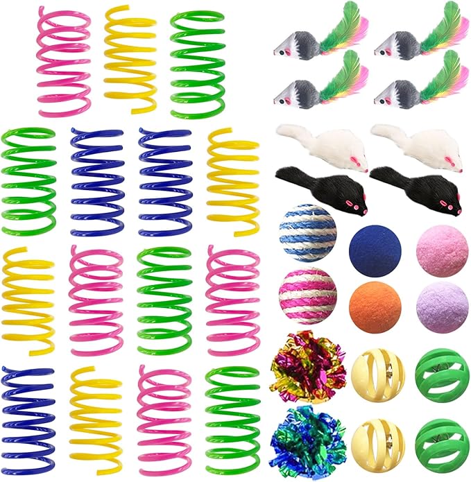 AGYM Cat Toys for Indoor Cats, 35 Packs Interactive Cat Toys Set with Colorful Springs, Mouse Cat Toy, Crinkle, Sisal, Pom...