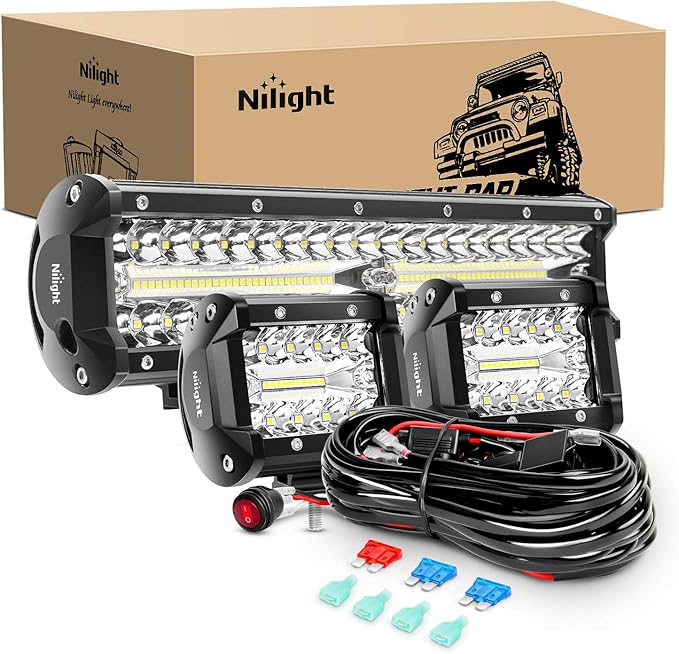 Nilight LED Light Bar Set, 12 Inch 300W Triple Row Spot Flood Combo Work Driving Lamp, 2 Pcs 4 inch 60 W with Wiring Harne...