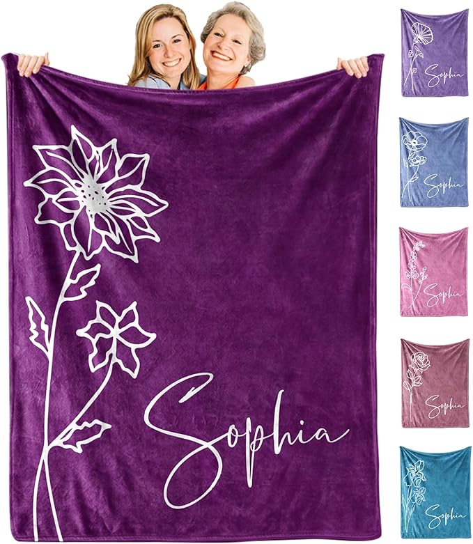 KUKULIKI Mothers Day Personalized Gifts for Mom, Custom Blanket with Name and Birth Month Flowers, Personalized Blankets f...