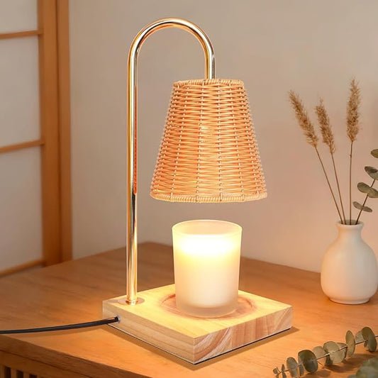 Immeiscent Candle Warmer Lamp with Timer Dimmable Boho Rattan Lampshade Natural Weaving Wax Warmer for Jar Candles Mothers...