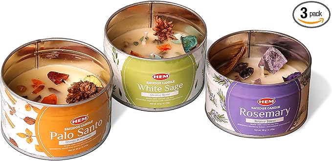 HEM Crystal Candle Gift Set – 3 Natural Soy Wax Candles (9.5 oz) | White Sage, Palo Santo & Rosemary Scents | 65-Hour Burn...
