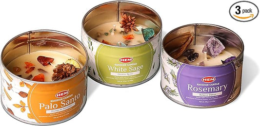 HEM Crystal Candle Gift Set – 3 Natural Soy Wax Candles (9.5 oz) | White Sage, Palo Santo & Rosemary Scents | 65-Hour Burn...