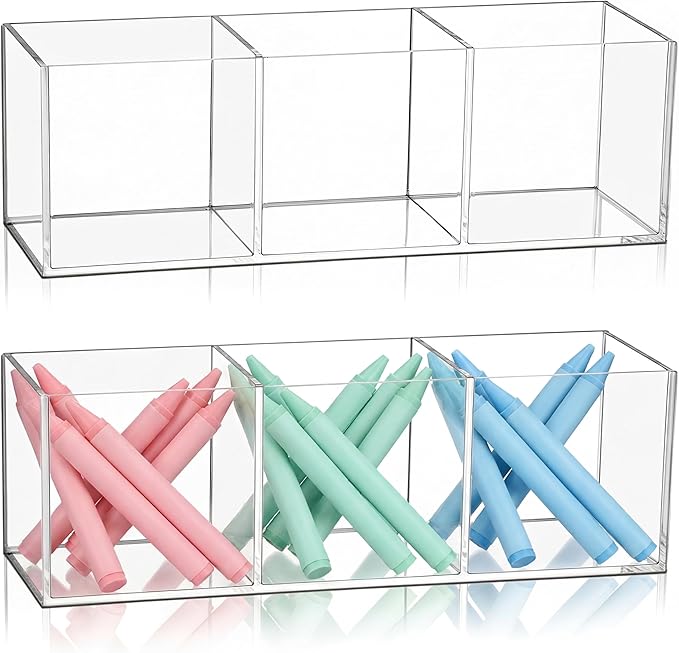 Epakh 2 Pieces Acrylic Cube Organizer 3 Compartments Clear Acrylic Pencil Holder Makeup Brush Drawer Organizer for Desk, O...