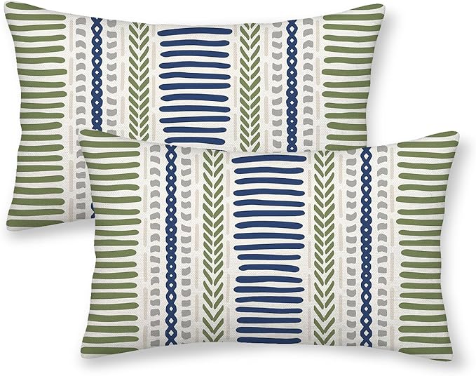 DAFENA Sage Green Pillow Covers 12x20 Inch 2 Pcs Boho Navy Blue Grey Polka Dots Stripe Decor Throw Pillows Modern Geometri...