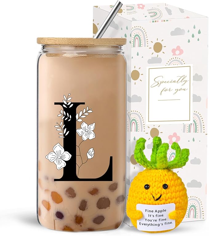 fcaylo Monogrammed Initial Glass Cup with Lids and Straws, Personalized Gift Set with Doll, 16 Oz Ice Coffee Cup for Wome...