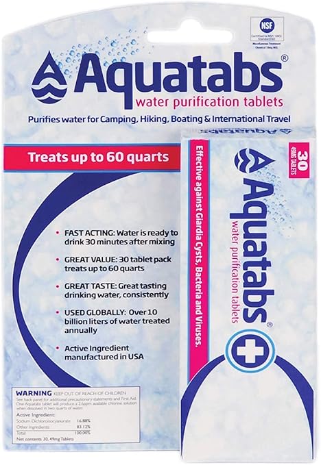 Aquatabs 49mg Water Purification Tablets (30 Pack). Portable Water Purifier for Camping Essentials, Lightweight Camping Ge...
