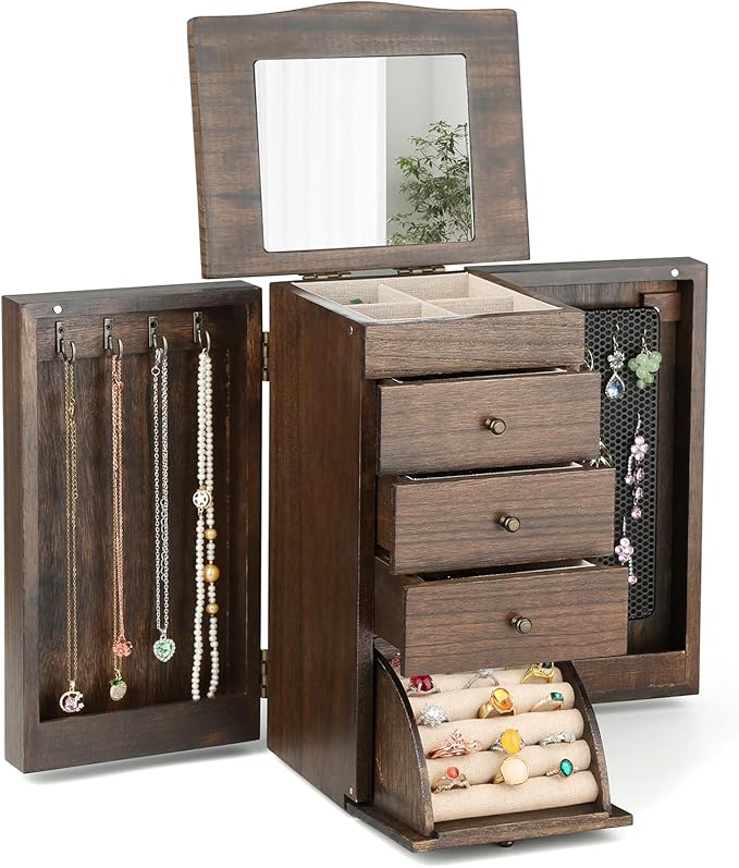 Meangood Jewelry Box Jewelry Organizer, 5-Layer Wooden Jewelry Organizers and Storage Boxes for Women Girls, Ring Earring ...