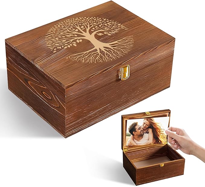 LUHUADUO Wooden Keepake Box, Large Tree of Life Storage Memory Box with Hinged Lid for Storing Photo, Jewelry, Gifts, Deco...