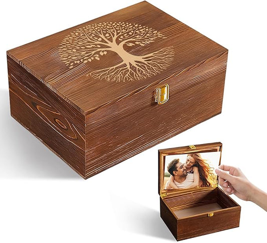 LUHUADUO Wooden Keepake Box, Large Tree of Life Storage Memory Box with Hinged Lid for Storing Photo, Jewelry, Gifts, Deco...