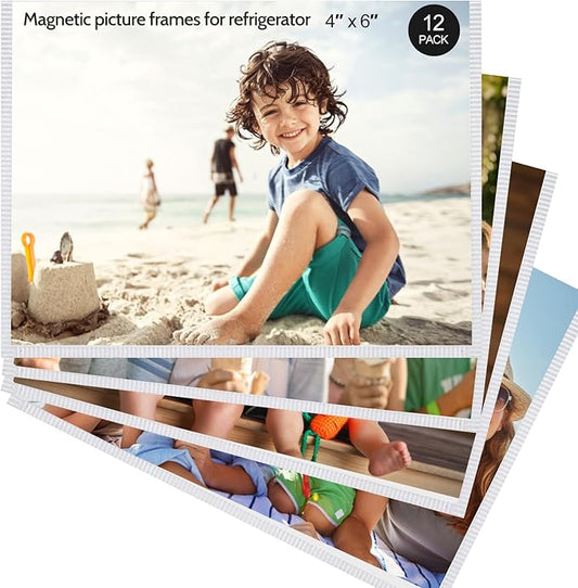 vivinin Magnetic Picture Frame, 12 Pack Magnetic Frame Reusable, Magnetic Photo Frames for Refrigerator 4x6” With White Bo...