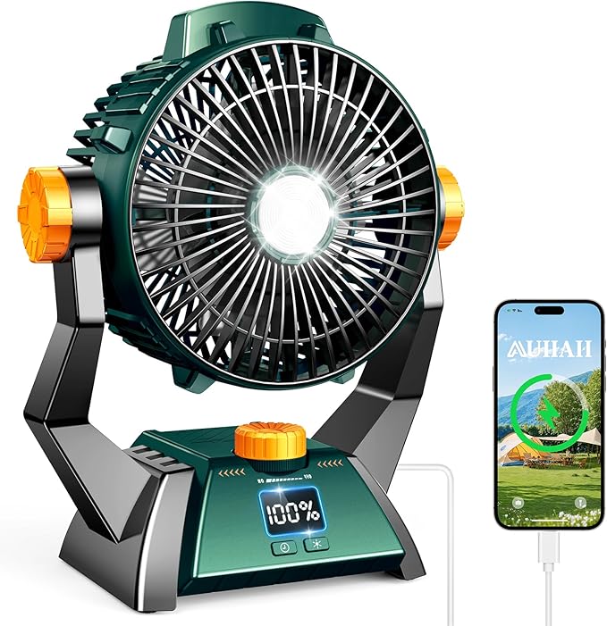 Camping Fan - Rechargeable Portable Battery Powered Camping Fans for Tents with LED Light, Power Display, Timers & 360° Ha...