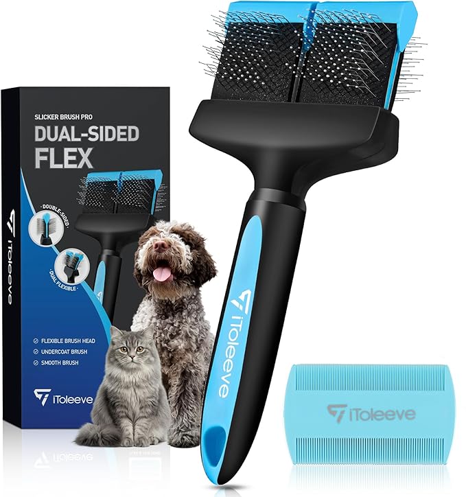iToleeve Dual Flex Slicker Brush Dog Brush, Gentle Grooming Tool for Sensitive Dogs & Cats - Ideal for Long Hair, Removes ...