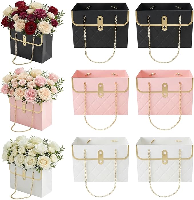 Nfvjfxz 6Pcs Flower Paper Gift Box Bouquet Storage Bucket Handbag Florist Floral Wrap Bag with Metal Chain for Wedding Mot...