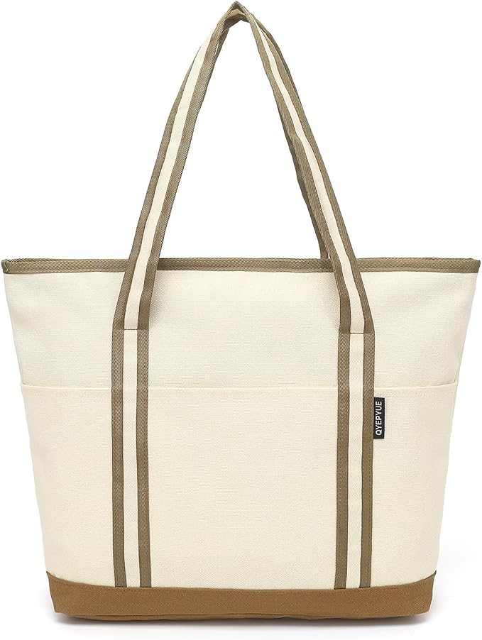 QYEPYUE Large Canvas Tote Bag for Women, Beach Bag with Zipper, Utility Tote Bag with 3 Front Pockets, Weekender Pool Bag