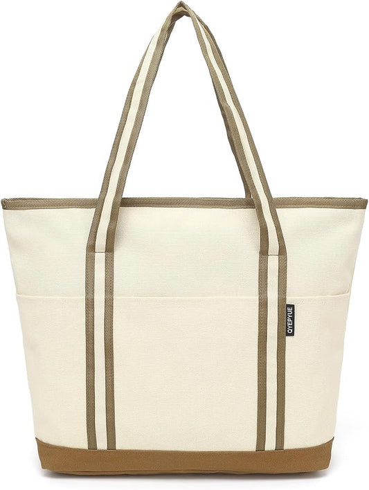 QYEPYUE Large Canvas Tote Bag for Women, Beach Bag with Zipper, Utility Tote Bag with 3 Front Pockets, Weekender Pool Bag