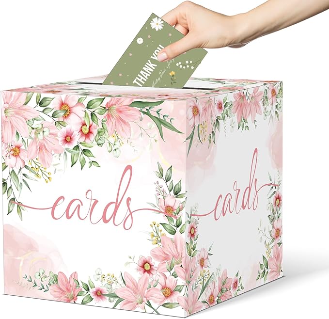 Watercolor Pink Floral Card Box Wedding Card Box Holder Gift Cards Receiving Box for Party Graduation Bridal or Baby Showe...