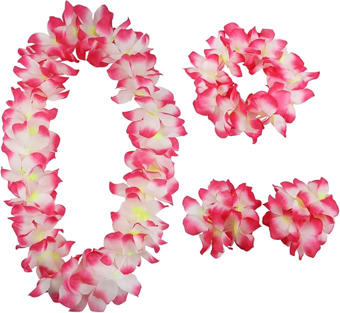 Aacehlh Hawaiian Leis Set,Hawaiian Luau Flower Leis Necklace Headband Bracelets Set,Essential Party Decorations for Birthd...