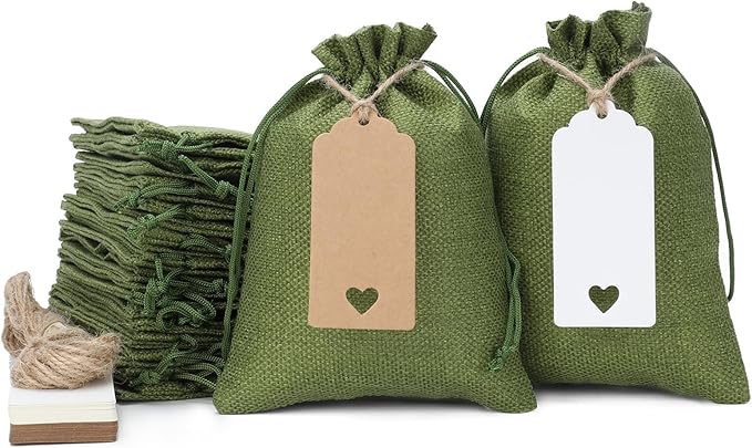 Tapleap Green Small Gift Bags with Drawstring - 30Pcs 5x7 Burlap Sacks for Wrapping Christmas Favors, DIY Craft, Body Butt...
