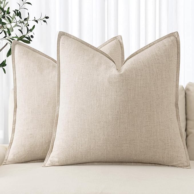 MIULEE Decorative Linen Euro Sham Pillow Covers 24x24 Natural Beige Boho Farmhouse Neutral Couch Throw Pillows for Bed Pac...