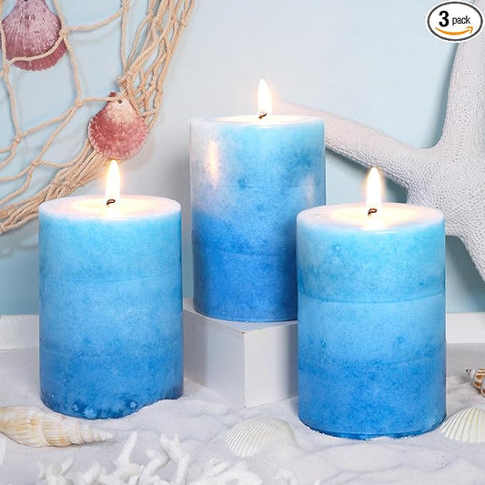 3x4 Inche Pillar Candles Ocean Scented Aromatherapy Candles Long Lasting Burn Blue Mottled 3-Layered Candles for Home Scen...