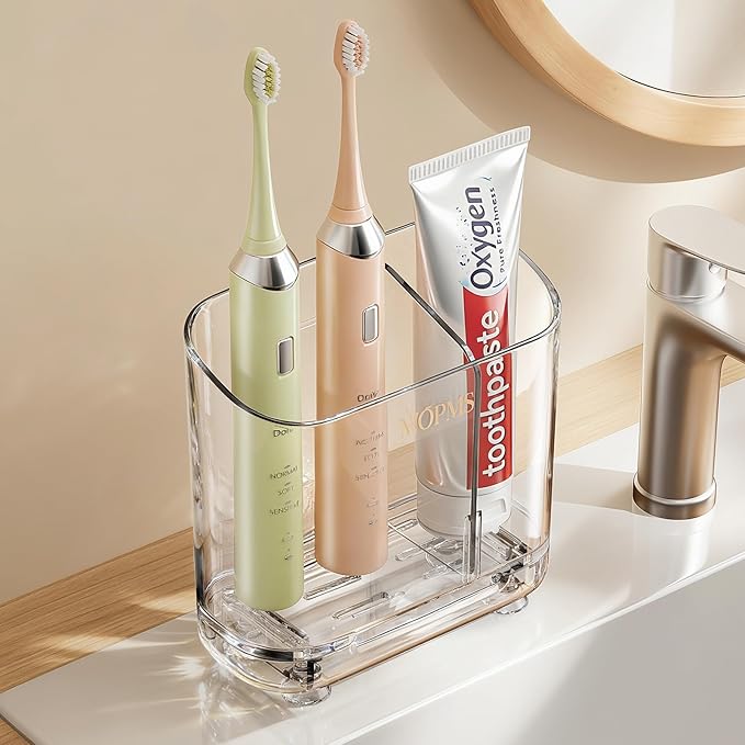 Toothbrush Holders with Drainage for Bathroom Countertop Organizer, 2 Slots Electric Toothbrush Holder Wall-Mount with Div...